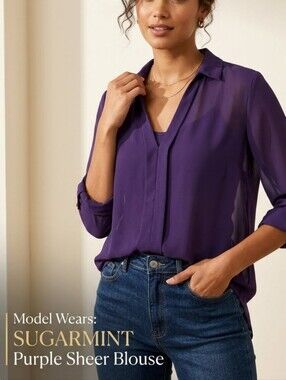 SUGARMINT Purple Sheer Women's 3/4  Sleeves Blouse Small